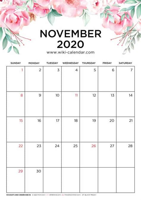 Free Printable 2020 Floral Calendar