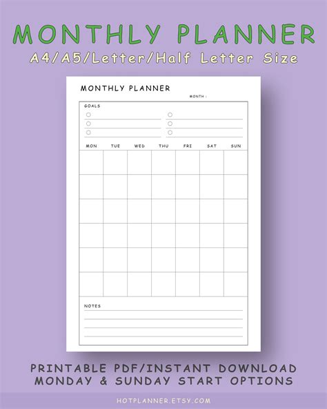 Undated Monthly Planner Printable Pdf Monthly Calendar Etsy