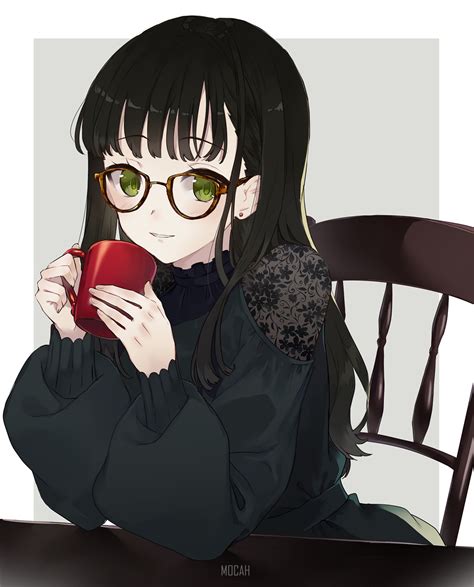 Anime Anime Girl Black Hair Glasses Green Eyes Original Character