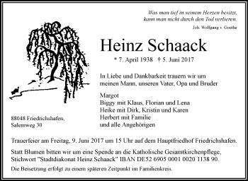Traueranzeigen Von Heinz Schaack Schwaebische De Trauerportal