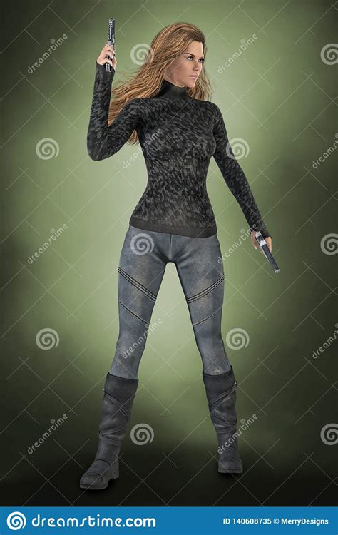 Strong Assertive Woman Holding Two Guns In A Ready For Action Pose