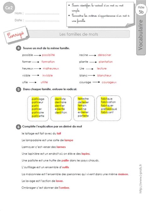 ce2 les Familles de mots  Exercices