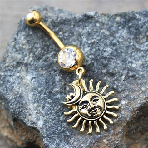 Gold Plated Sun Moon Star Dangle Navel Ring Etsy Navel Rings Belly