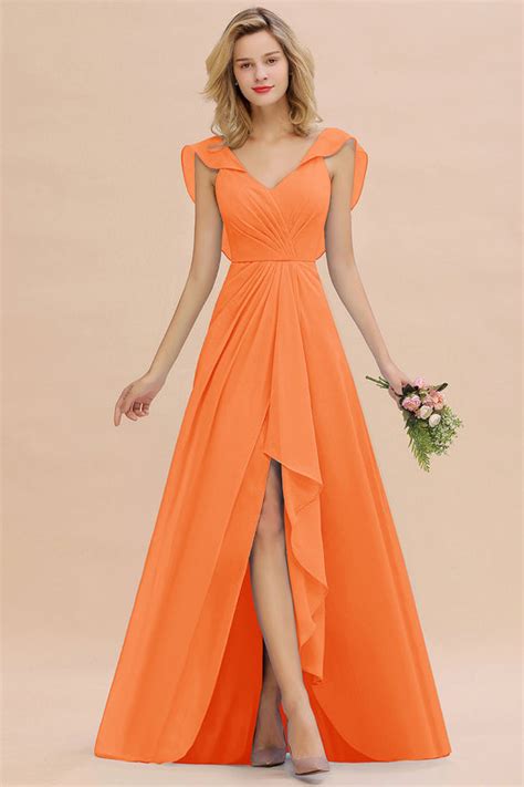 Simple High Low V Neck Ruffles Chiffon Bridesmaid Dress Biztunnel