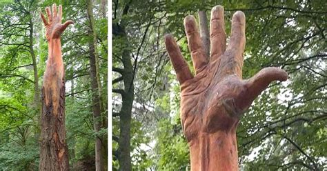 Chainsaw Carving Artist Transforms A Tree Into A Hand Reaching For Sky