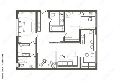 Linear Architectural Sketch Plan Of Two Bedroom Apartment Stock Vector