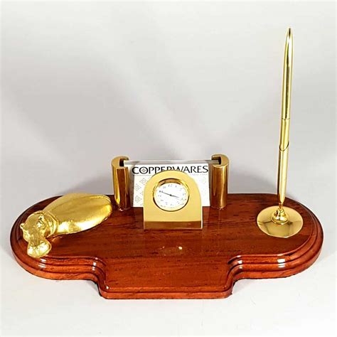 Small Desk Set With One Pen Motif Clock And Card Holder Copperwares