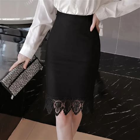 Fashion Women Office Formal Pencil Skirt Summer Elegant Black Lace Patchwork Elastic Package Hip