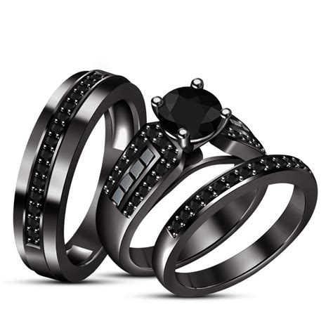 Black Diamond His Her Wedding Trio Ring Set 14k Black Gold Over 925