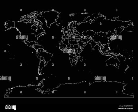 World Map With Country Borders Thin White Outline On Black Background