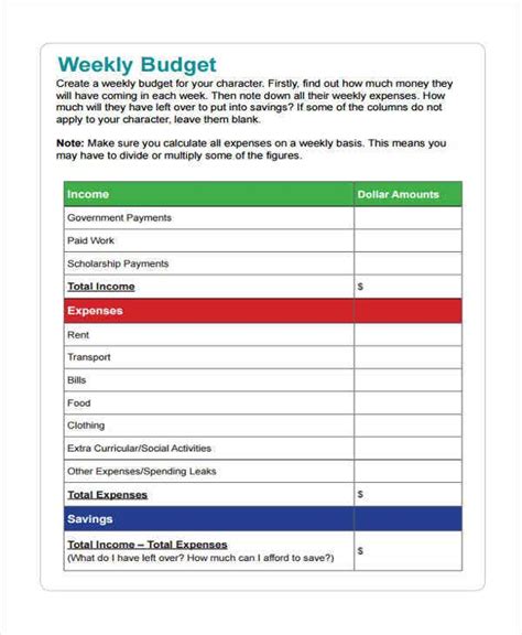 Blank Weekly Budget Template
