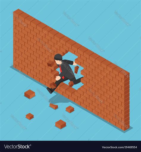 Isometric Businessman Breaking Through Brick Wall Vector Image
