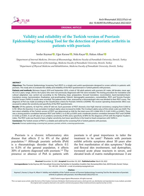 Pdf Validity And Reliability Of The Turkish Version Of Psoriasis