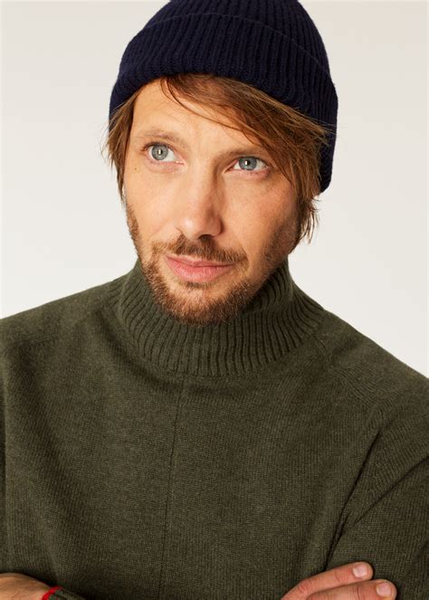 Mens Navy Cashmere Blend Ribbed Beanie Hat Paul Smith