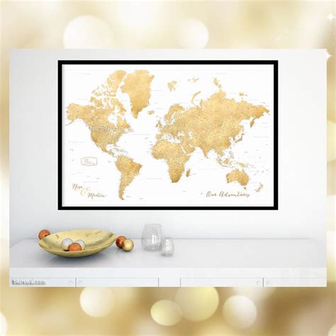 Custom World Map Print Highly Detailed Map With Cities In Faux Gold