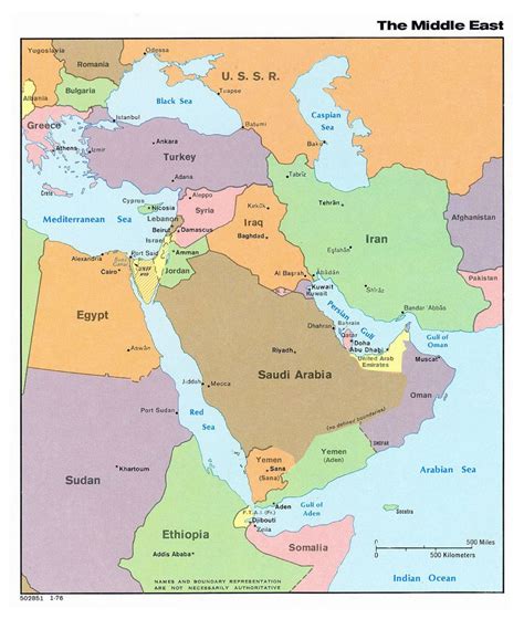 Детальная политическая карта Ближнего Востока со стоцами стран 1976