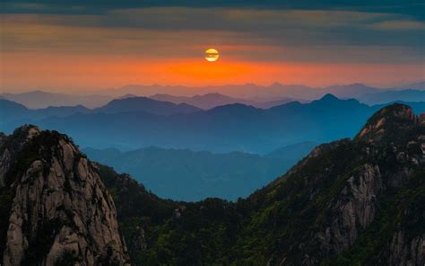 China Anhui Huangshan Dawn Sunrise Mountains Trees Red Sky