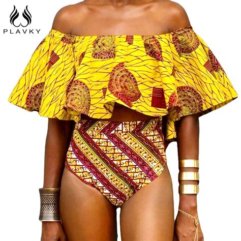 Plavky Sexy Yellow Aztec Striped Ruffled Off Shoulder Biquini African Bathing Suit Swimsuit