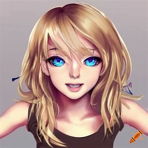 closeup of a nerdy blonde anime girl with big blue eyes on craiyon