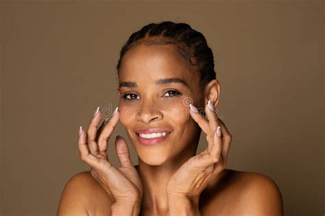 Beauty Face Happy Black Middle Aged Woman Touching Healthy Skin And