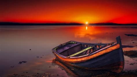 Boat On Lake Horizon Calm Red Sky During Sunset Afterglow 4k Hd Red