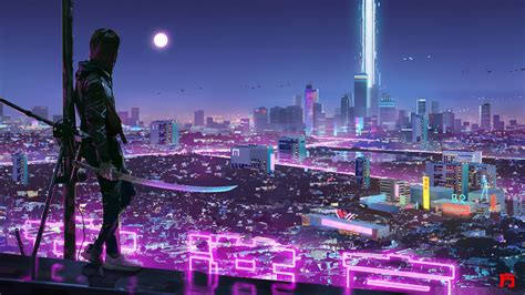 Free Download Sci Fi City Neon Lights Ninja Katana 4k Wallpaper 6429 1920x1080 For Your