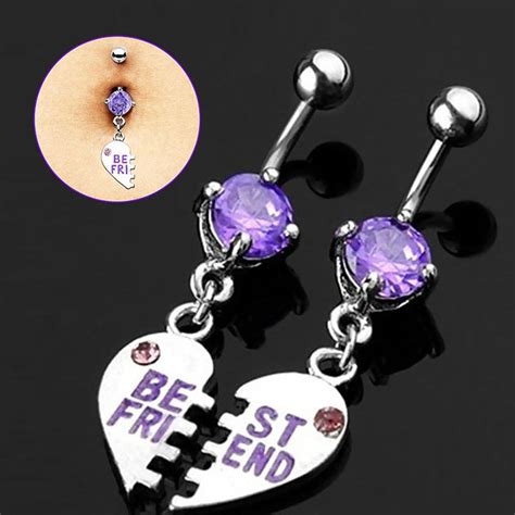 1pair Heart Dangle Navel Belly Button Ring Purple Tone Set Of Best