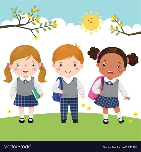 Vector Illustration Of Three Kids In School Uniform Going To School