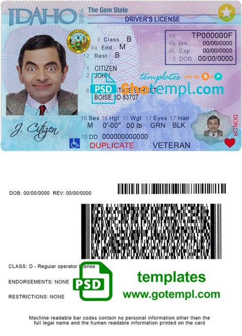 Usa Idaho Driver License Template In Psd Format In 2021 Drivers