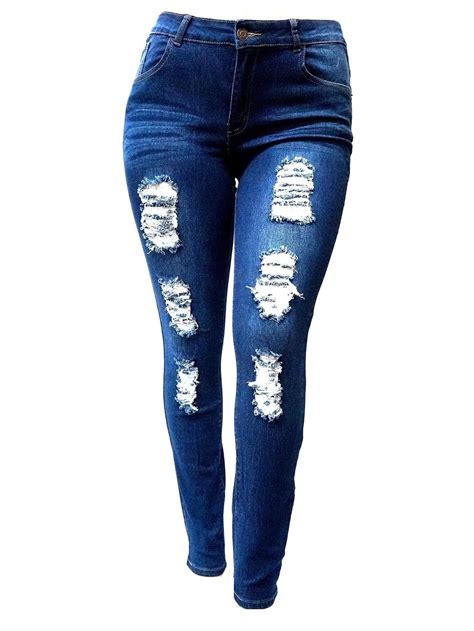 Jack David Women S Plus Size Stretch Distressed Ripped Blue Skinny Denim Jeans Pants Walmart Com