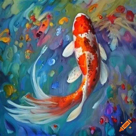 Impressionist Oil Painting Of Koi Fish In A Flowery Pond