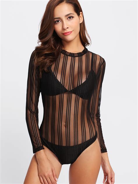 Striped Sheer Mesh Bodysuit Emmacloth Women Fast Fashion Online