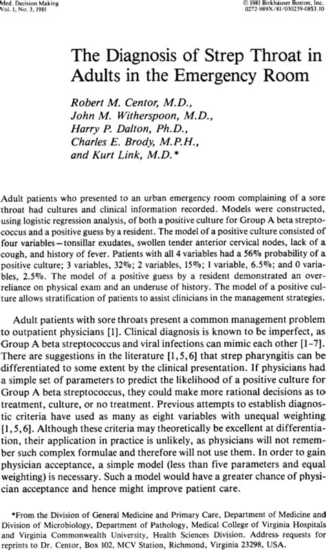 The Diagnosis Of Strep Throat In Adults In The Emergency Room Robert