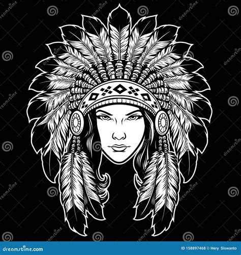 Beautiful Lady Head Wearing American Native Indian Head Dress Stock Vector Illustration Of
