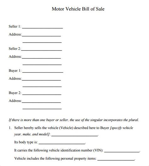 Vehicle Bill Of Sale Template Fillable Pdf