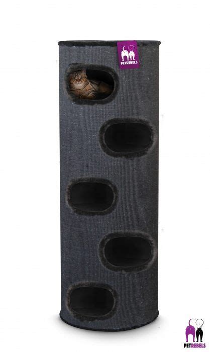 A Cat Is Peeking Out Of The Top Of A Scratching Tower That Has Holes In It