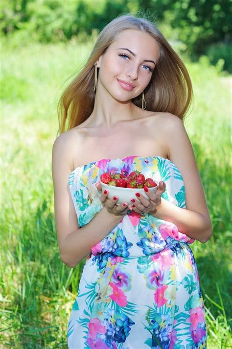 Happy Girl With Strawberries Stock Image Image Of Beautfiul Apple 56695929