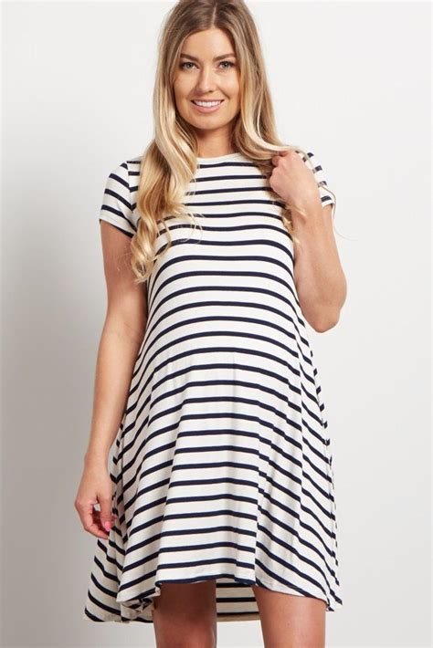 A Striped Short Sleeve Maternity Dress Rounded Neckline This Style