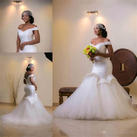 White Sexy Off Shoulder African Wedding Dresses Mermaid Beaded Plus Size Arabic Wedding Dress