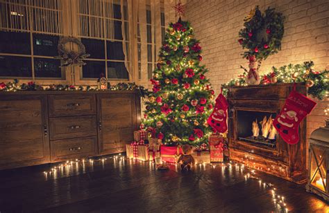 Decorated Christmas Tree Near Fireplace At Home Stock Photo Download