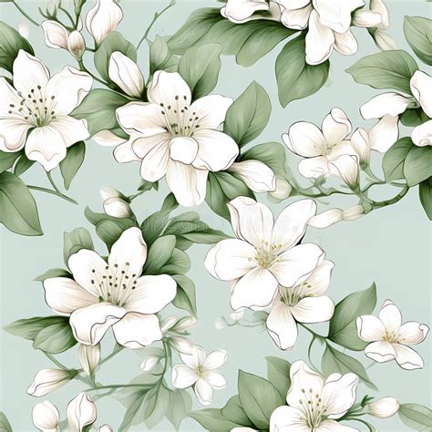 Jasmine Flowers Rough Hand Drawn By Using Jade Green Ink Seamless Pattern Stock Illustration