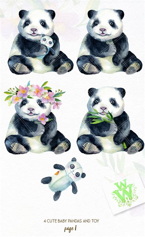 Watercolor Baby Panda Bear Clipart Bamboo Cute Animal Art 210331