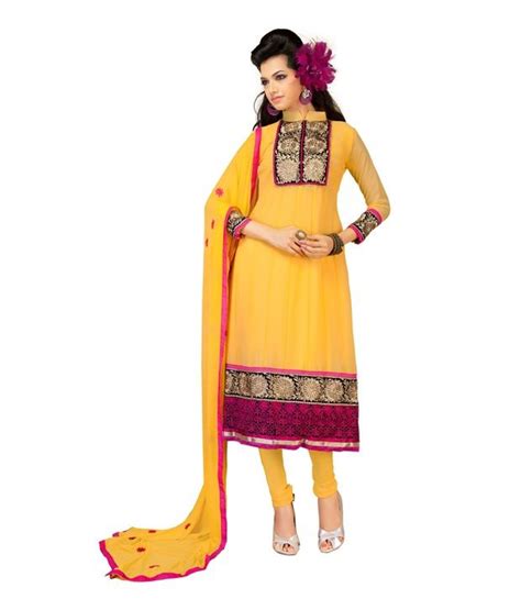 Fabdeal Yellow Colored Faux Georgette Embroidered Semi Stitched Salwar Suit Buy Fabdeal Yellow