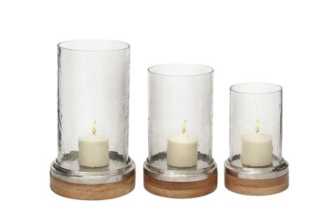 Clear 13 Inch Glass Metal Wood Hurricane Candle Holder Set Of 3