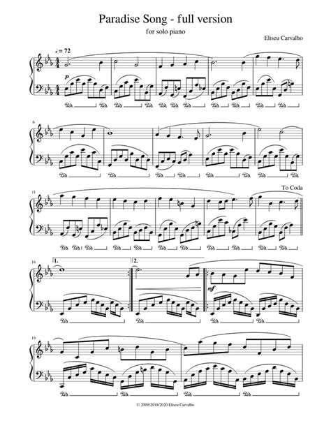 Paradise Song Full Version Sheet Music For Piano Solo