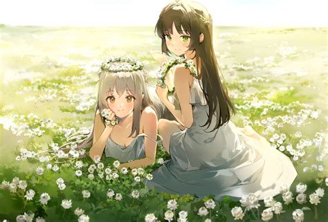 2girls anmi brown hair dress flowers grass gray hair green green eyes headdress long hair