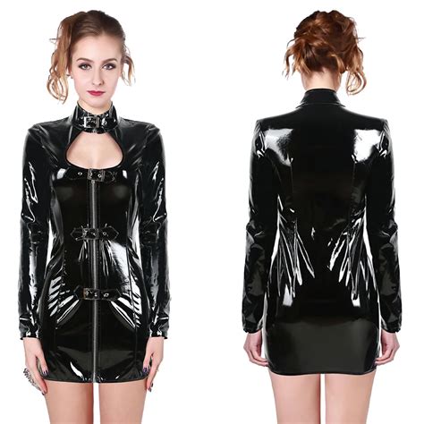 Sexy Women Black Leather Bodycon Bangade Sheath Mini Dress Pvc Catsuit