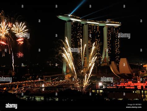 Marina Bay Sands In Singapore At Night During The Fireworks Of The