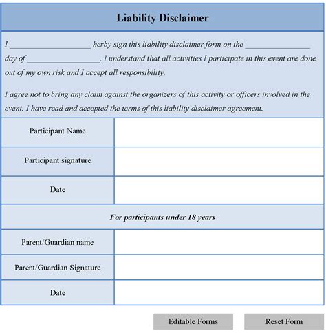 Liability Disclaimer Form Editable Forms