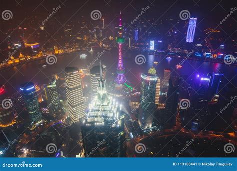 Beautiful Super Wide Angle Night Aerial View Of Shanghai China With